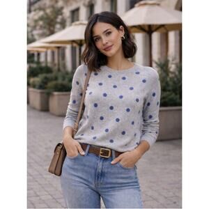 Rachel Zoe 2-Ply Cashmere Sweater Small Gray w Blue Polka Dots Soft Pullover